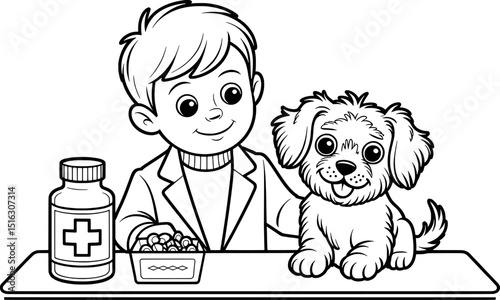 Boy veterinarian giving medicine to puppy dog