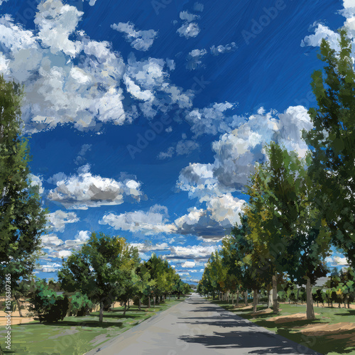 A vibrant tree-lined road under a bright blue sky with fluffy clouds.