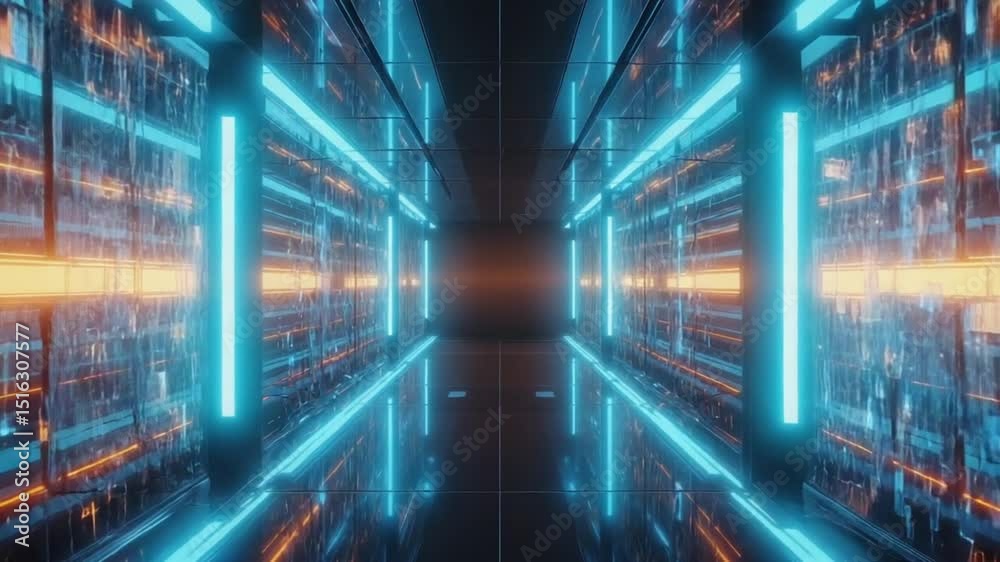 An abstract corridor vertical neon light lines holographic panels. walls data flow stripe faint glowing particles. mirror simulate digital vault. blue, orange chrome fidelity, crisp, futuristic tone