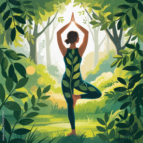 Illustration of a woman practicing yoga in nature surrounded by lush greenery and forest atmosphere representing wellness