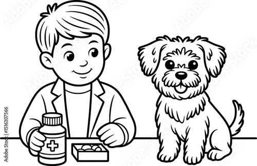 Boy giving medicine to his fluffy dog