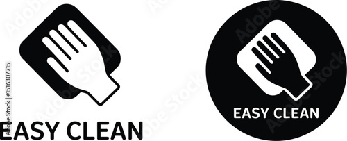 Two easy clean logos with a hand holding a cloth, one in a circle and one without a background shape