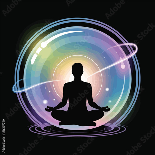 Silhouette of a meditating person within a glowing sphere radiating colorful energy and embodying spiritual practices representing tranquility and wellness