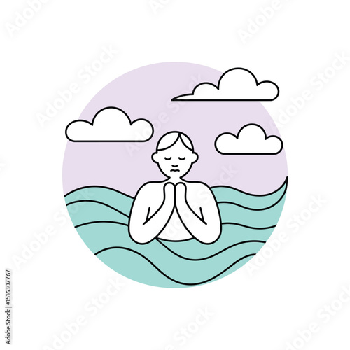 Serene meditation personifies calm and mindfulness amidst calm water and clouds symbolizing inner peace and tranquility