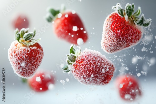 Frozen strawberries sprinkle sugar while falling in mid-air against a gray background