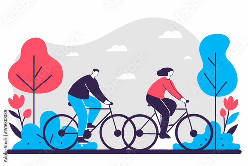 Para jadąca na rowerach w kolorowym parku z drzewami i chmurami, wektorowa ilustracja aktywności na świeżym powietrzu