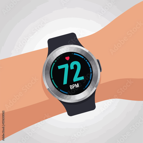 Illustration of a smartwatch displaying a heart rate of 72 beats per minute on a wrist representing health and fitness tracking