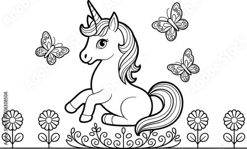 Adorable unicorn with butterflies and flowers coloring page
