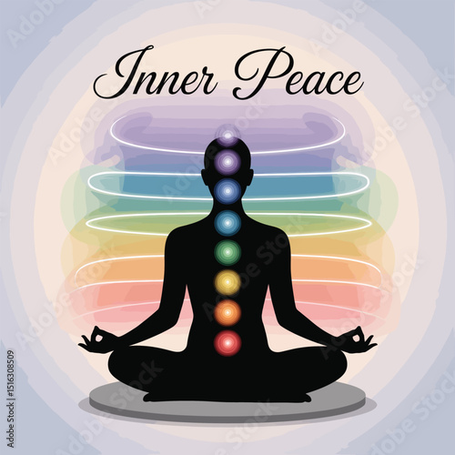 Meditation for inner peace illustration featuring a silhouette human form and colored chakras with energy flows in lotus position on a grey podium
