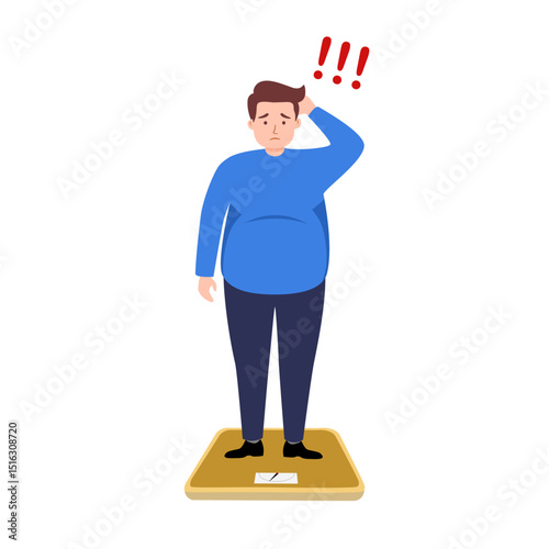 Overweight man standing on body scale in flat design on white background. Weight gain anxiety