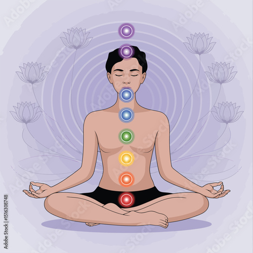 Illustration of a person meditating with chakras depicted in the center in lotus position for wellness and spirituality