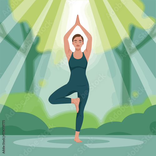 Illustration of a woman practicing yoga tree pose outdoors with sunshine and nature background to inspire mindfulness