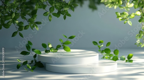 Two-tier white podium with green leafy branches, soft lighting on a white background. Use it for cosmetic product display or nature themed graphic design.