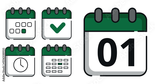 Collection of green calendar icons in different designs for websites and graphic resources. Flat calendar icon with specific day marked, day 01.