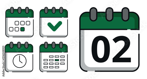 Collection of green calendar icons in different designs for websites and graphic resources. Flat calendar icon with specific day marked, day 02.