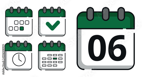 Collection of green calendar icons in different designs for websites and graphic resources. Flat calendar icon with specific day marked, day 06.