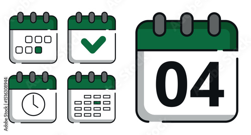 Collection of green calendar icons in different designs for websites and graphic resources. Flat calendar icon with specific day marked, day 04.