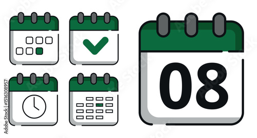 Collection of green calendar icons in different designs for websites and graphic resources. Flat calendar icon with specific day marked, day 08.