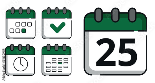 Collection of green calendar icons in different designs for websites and graphic resources. Flat calendar icon with specific day marked, day 25.