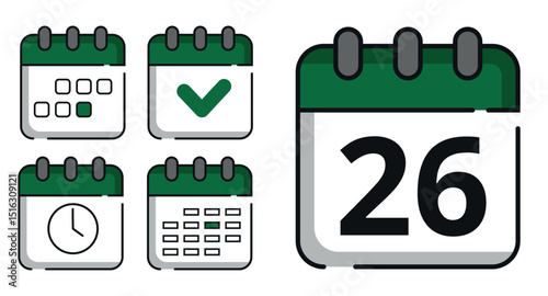 Collection of green calendar icons in different designs for websites and graphic resources. Flat calendar icon with specific day marked, day 26.
