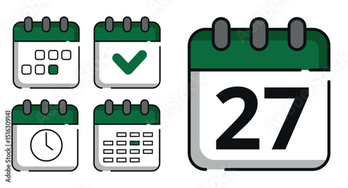 Collection of green calendar icons in different designs for websites and graphic resources. Flat calendar icon with specific day marked, day 27.