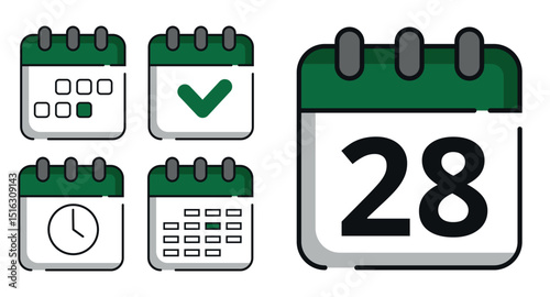 Collection of green calendar icons in different designs for websites and graphic resources. Flat calendar icon with specific day marked, day 28.