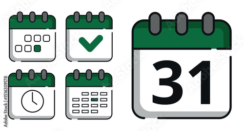 Collection of green calendar icons in different designs for websites and graphic resources. Flat calendar icon with specific day marked, day 31.