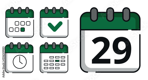 Collection of green calendar icons in different designs for websites and graphic resources. Flat calendar icon with specific day marked, day 29.