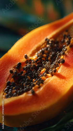 Closeup of ripe papaya with black seeds in macro detail
