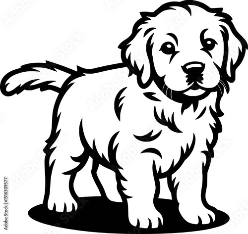Adorable golden retriever puppy black and white illustration