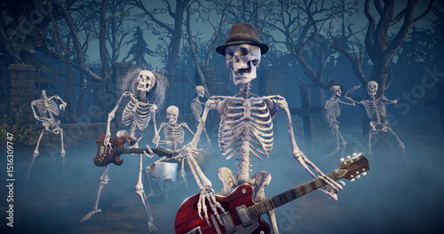 Halloween party: eerie music group playing rock in frightening gothic graveyard. Amusing skeletons dancing, playing guitars and drums.