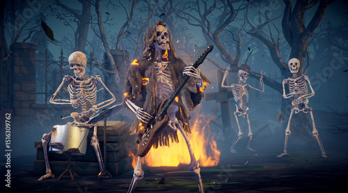 Halloween party: creepy skeleton band playing rock. Scary skeleton in burning robe playing guitar.