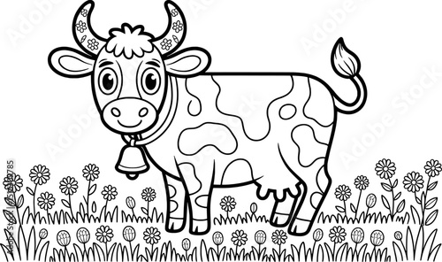 Adorable cow in flower meadow coloring page