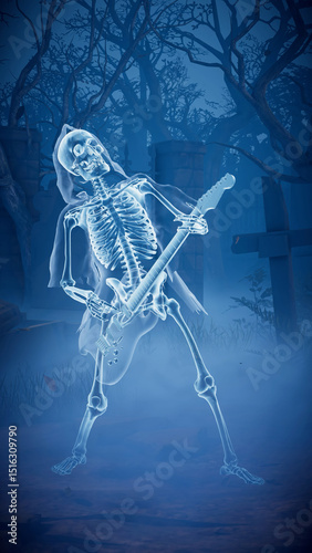 Halloween party. A ghost skeleton play guitar in a scary gothic cemetery.