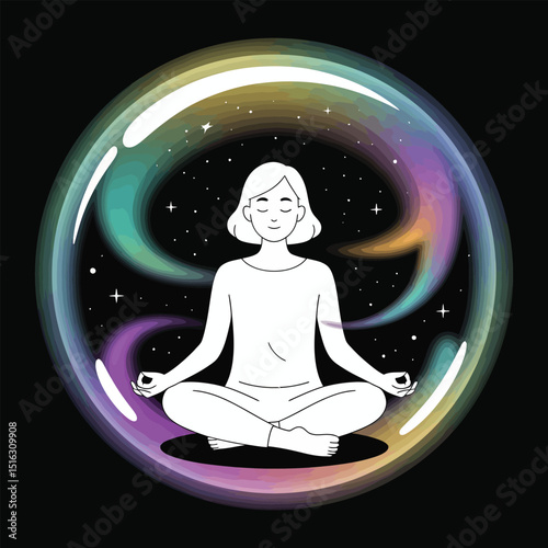 Meditating woman enclosed in a bubble with abstract colorful aura and starry sky representing calmness and inner peace