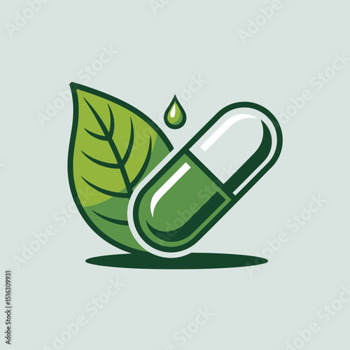 Illustration of a green capsule leaf and drop of liquid representing herbal medicine and natural health concepts