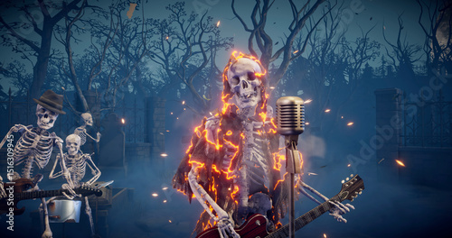Halloween party: creepy skeleton band playing rock. Scary skeleton in burning robe playing guitar.