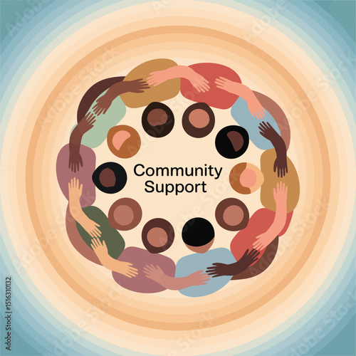 Vector illustration depicting community support and unity amongst diverse individuals symbolizing connection and collaboration for social benefit