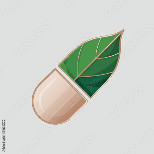 Natural alternative medicine concept depicted by a pill with a leaf symbolizing herbal remedies and wellness on a light gray background