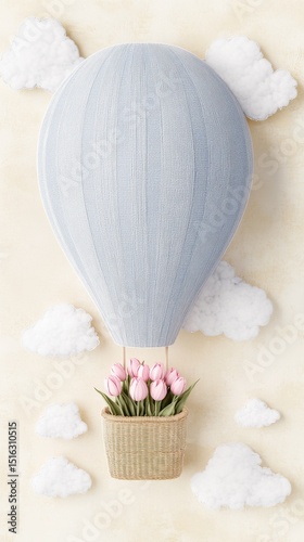 Light blue hot air balloon carrying pink tulips and flying through white clouds on a pastel yellow background