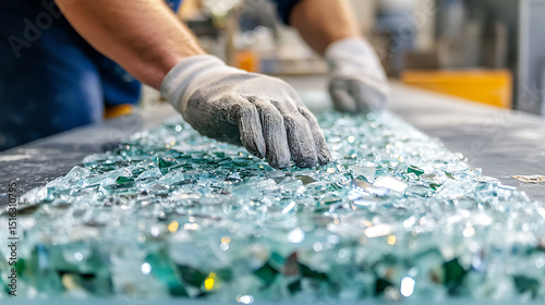 Worker Handling Crushed Glass in a Manufacturing Environment
