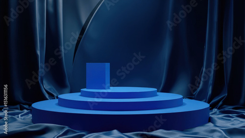 Elegant blue product display platform on silk drapes