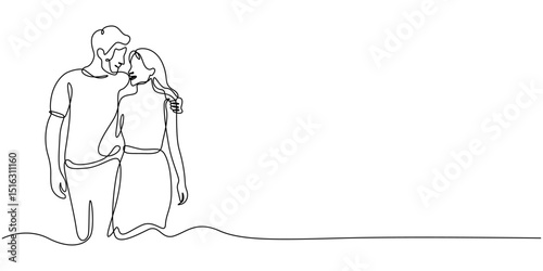 Continuous single line drawing of a couple holding hands and walking, Continuous one line drawing of young Couple Walking Together. Single line drawing illustration of romantic back view couple.