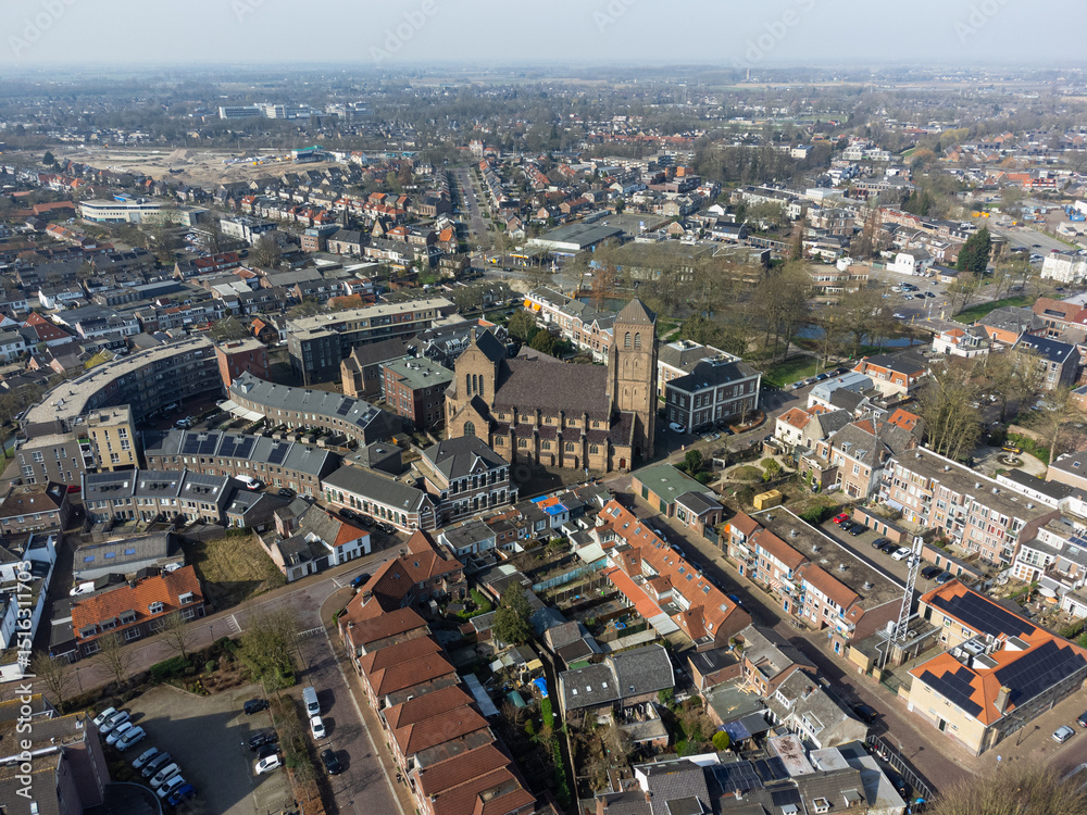 Obraz premium Aerial view of a historic church Sint Dominicuskerk in Tiel, Netherlands