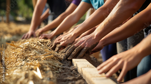 Group of hands working together to build with natural materials