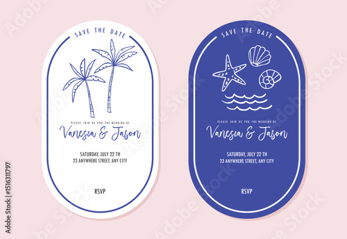 Save the Date Wedding cards. Hand draw summer invitations. Drawing style, Italian la dolce vita