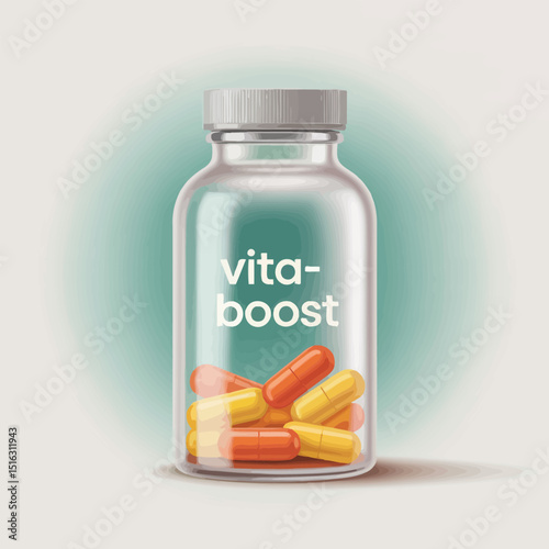 A clear bottle of vita boost capsules illustrating health wellness and dietary supplements concept