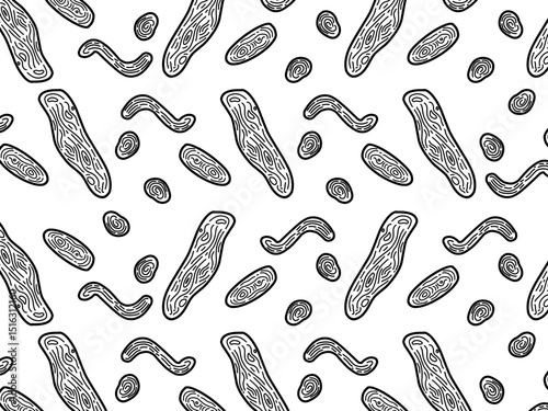Seamless black and white vector pattern featuring abstract organic shapes with hand-drawn lines. The design includes amoeba-like forms, worm-like curves, and topographic-inspired textures, ideal for t