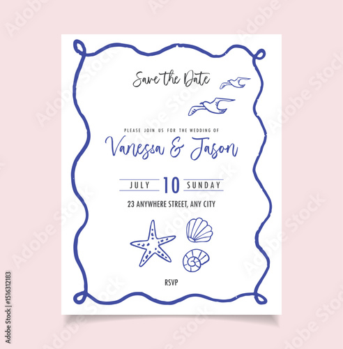 Save the Date Wedding card. Hand draw summer invitation. Crayon drawing style, Italian la dolce vita