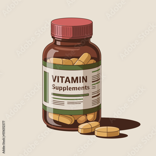 Illustration of a brown vitamin supplements bottle with capsules and tablets for health and wellness promoting dietary supplements